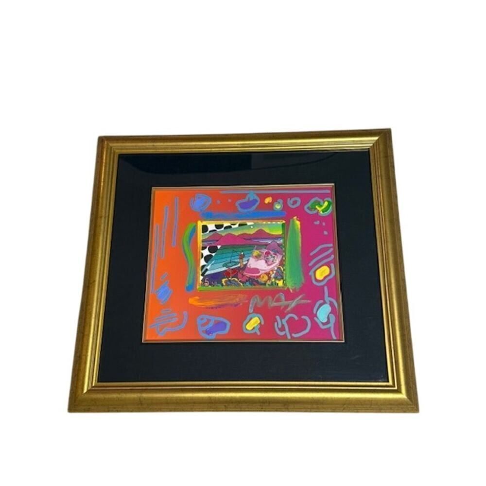 Peter max Fishing Collage Mixed Media w/ Acrylic Painting Signed Unique